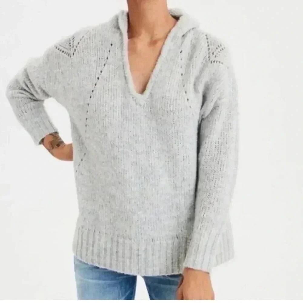 American Eagle Womens Sweater Hoodie light gray winter wool blend layered look